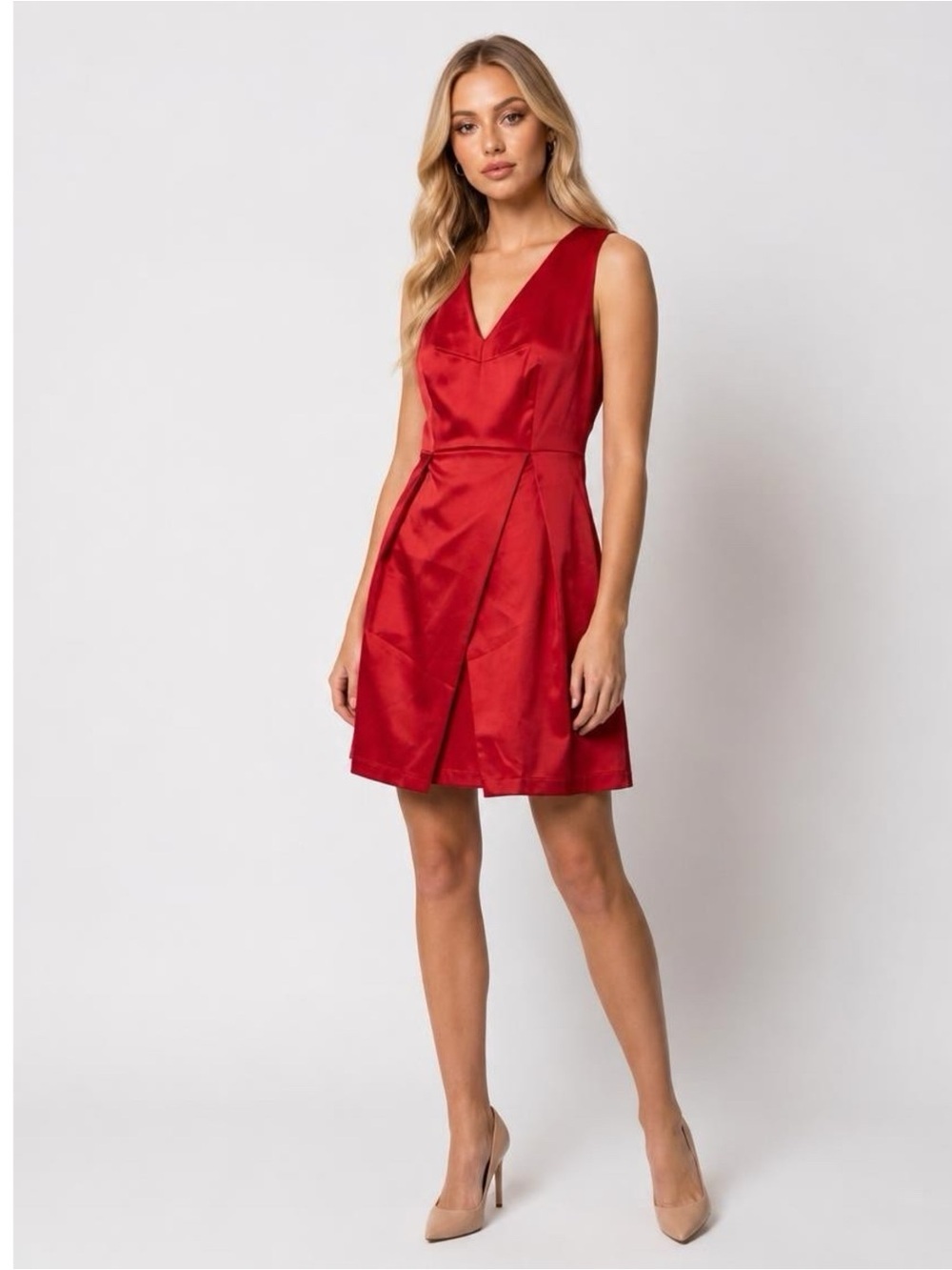 PARIS SUNDAY Red Sateen V Neck Dress Sleeveless Fit Flare Women’s Sz L Cocktail